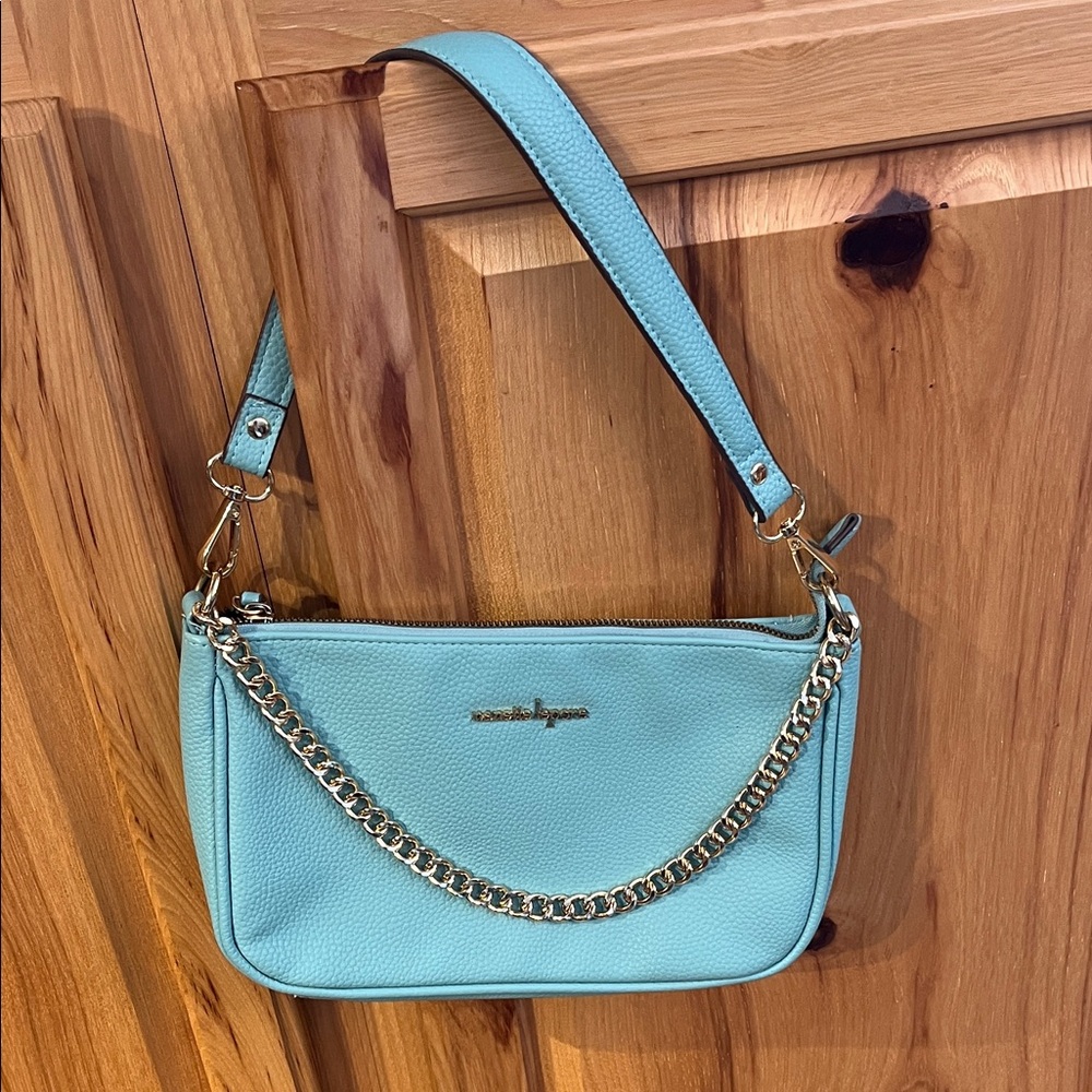 NANETTE LEPORE Tatianna Aqua Blue Shoulder Bag with Gold Chain EUC